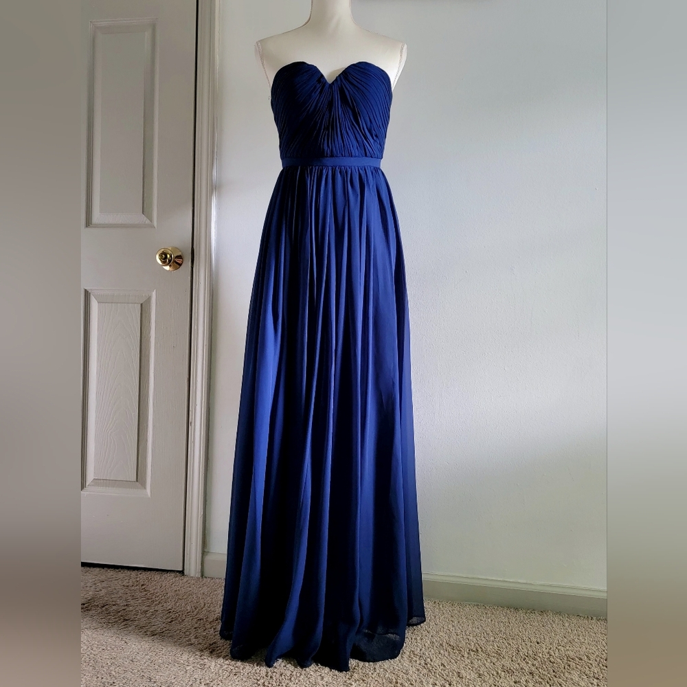 Weddington Blue Strapless Chiffon‎ Full Length Maxi Dress Gown Size 2 - Picture 3 of 14